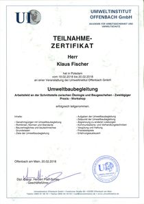 Teilnahmezertifikat Umweltbaubegleitung Klaus Fischer